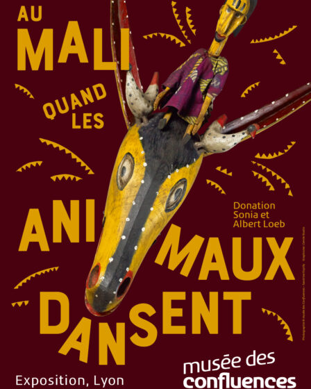Masque antilope chevaline en bois peint avec marionnettes sogo bò, exposition Au Mali quand les animaux dansent, musée des Confluences Lyon 2026