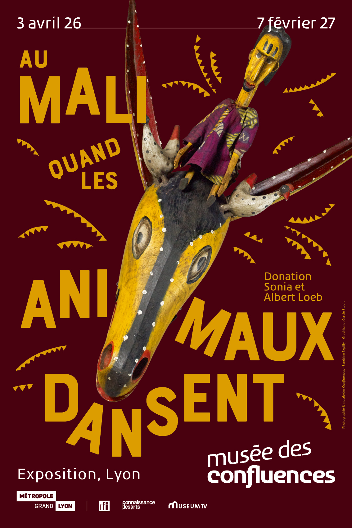 Masque antilope chevaline en bois peint avec marionnettes sogo bò, exposition Au Mali quand les animaux dansent, musée des Confluences Lyon 2026