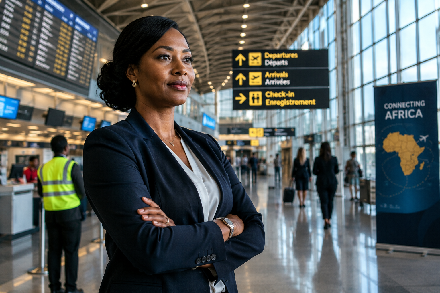 Femme directrice d'un aéroport africain dans un terminal international