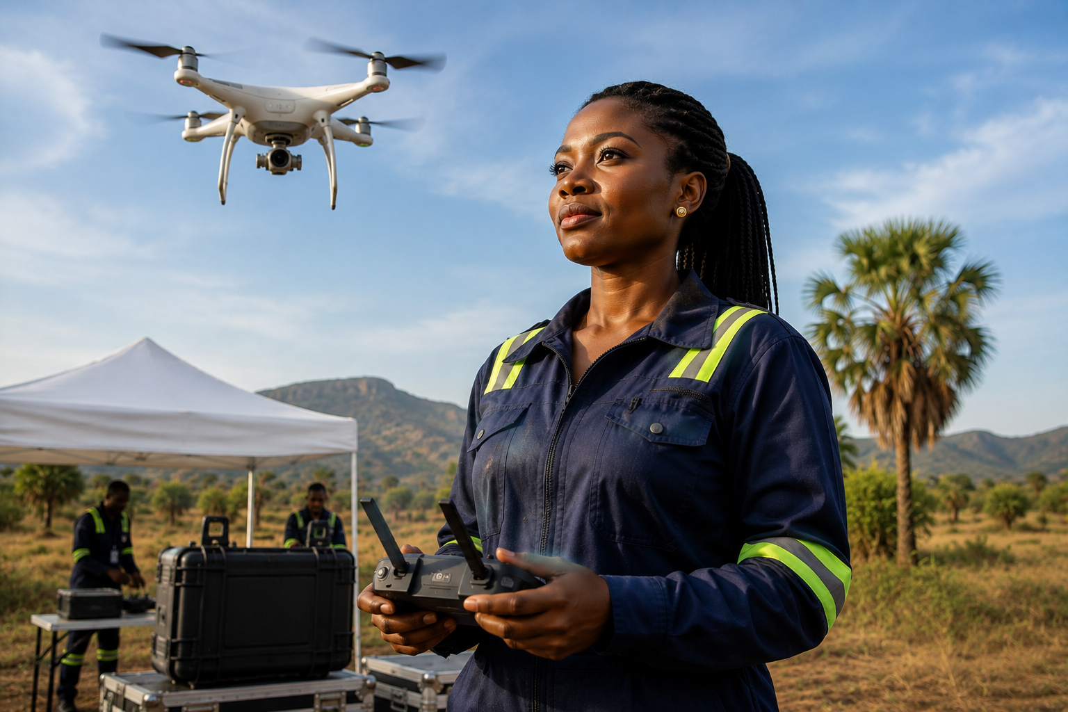 Femme pilote de drone préparant une livraison médicale pour Zipline au Rwanda